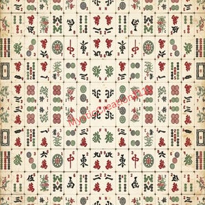 May include: A full view of a Mahjong set with ivory-colored tiles. The tiles feature red, green, and black symbols and characters. The set includes tiles with numbers, suits, and special symbols, arranged in a grid pattern. The image has a vintage aesthetic.