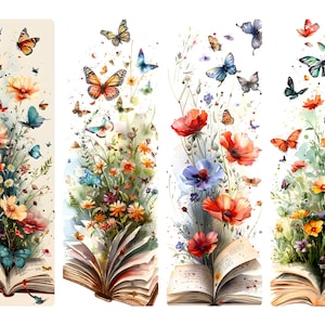 Marcapáginas de flores y mariposas con diseño de libro vintage para decoupage n.° 173, papel de arroz tamaño carta para diarios, cajas de baratijas, velas, muebles y álbumes de recortes.