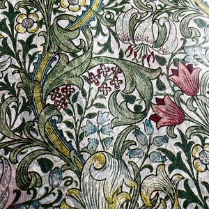 May include: A vintage floral pattern with green leaves, white flowers, and pink and red flowers. The pattern is on a white background.