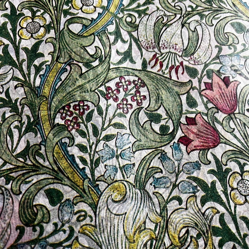 May include: A vintage floral pattern with green leaves, white flowers, and pink and red flowers. The pattern is on a white background.