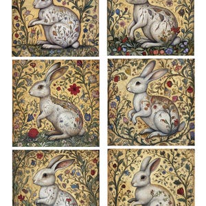 Papier de riz pour découpage avec 6 motifs lièvres magiques d'art médiéval n°121, papier de riz pour dessous de verre, boîte à bibelots, bougie, meubles et travaux manuels