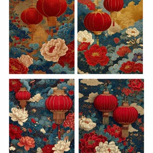 May include: A set of four rectangular wall art prints featuring vibrant red hanging lanterns suspended above clusters of blooming red and white peonies, set against a dark blue background with intricate gold cloud patterns and swirling motifs.