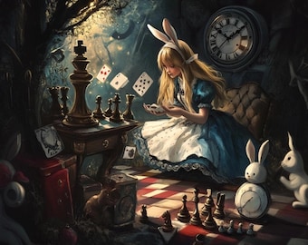 May include: Alice in Wonderland themed illustration featuring a girl with white bunny ears wearing a blue and white dress, sitting at a chessboard table with a clock and two white rabbits. The scene is set in a dark forest with a large clock on the wall.