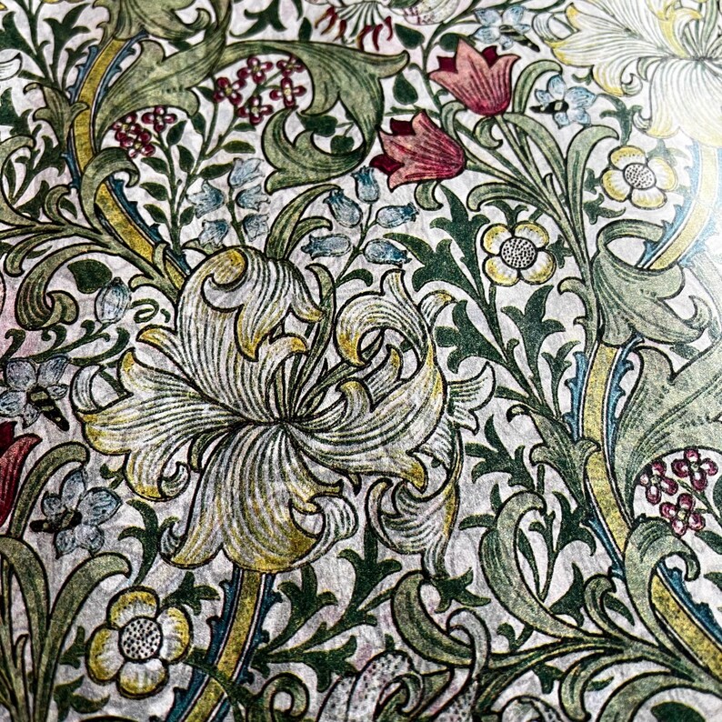 May include: A vintage floral pattern with green leaves, yellow and white flowers, and pink and red flowers. The pattern is on a white background.