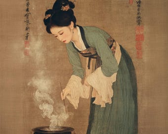 Decoupage Paper Chinoiserie Oriental Chinese Woman Ink Painting #249, Letter Size Rice paper for Trinket Box, Candle, Furniture, & Craft