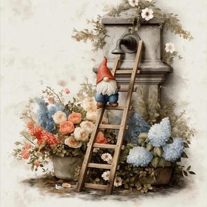 Découpage vintage fleurs de jardin de nain n° 269, papier de riz format lettre pour dessous de verre, boîte à bijoux, meubles, journal de scrapbooking, oeuvre d'art de décoration d'intérieur