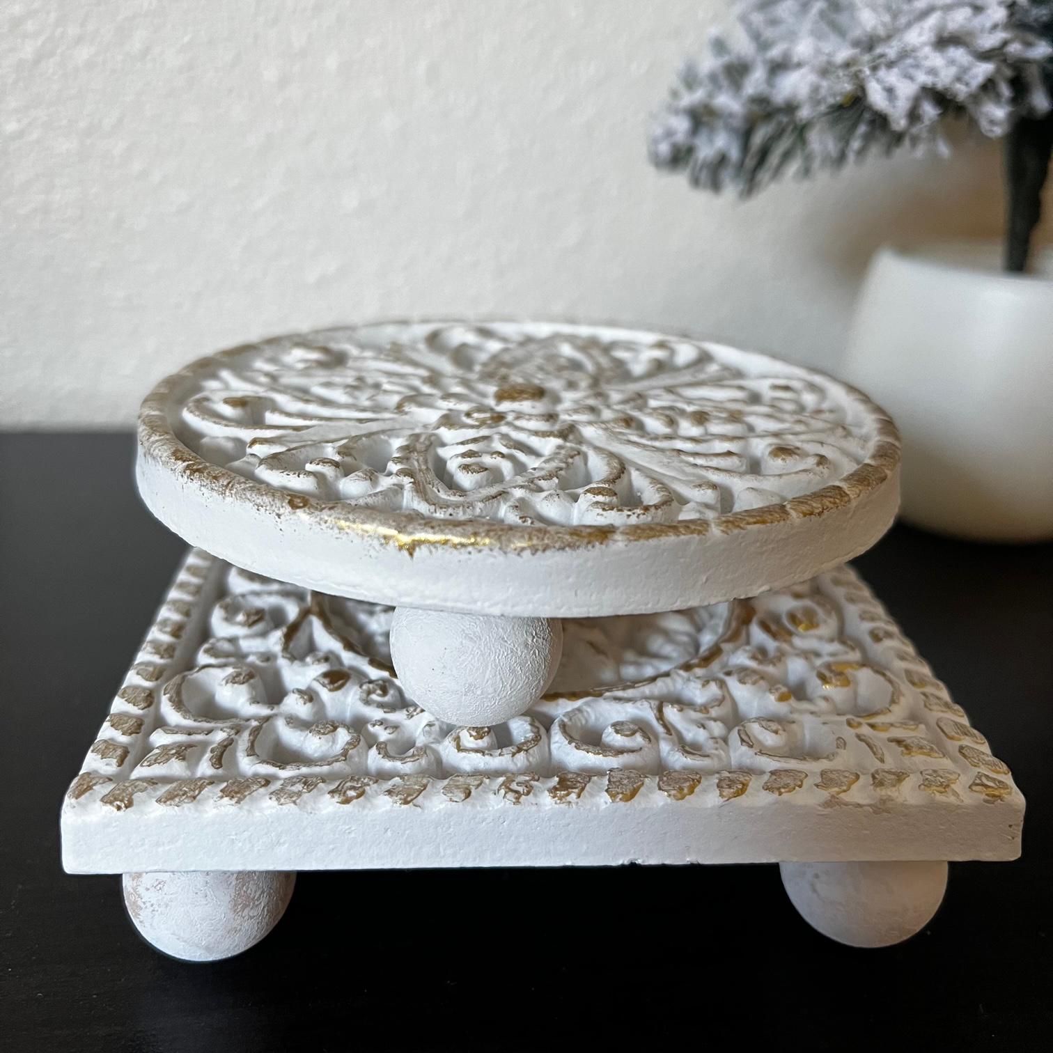 Gold Riser Round Mini Carved Wood Table Riser - Round Square Floral White Gold Riser ...
