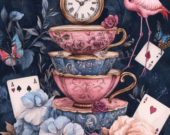 Puede incluir: Ilustración caprichosa con tazas apiladas, un reloj de bolsillo, naipes, un flamenco, mariposas y flores. Las tazas son rosas y azules con diseños florales. El fondo es azul oscuro con patrones florales y de hojas. El tema es fantástico.