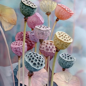 Decoupage Vintage Style Lotus Flowers Pods #503, Letter Size Rice Paper for Coaster, Trinket Box, Furniture, Scrapbook Journal, Craft DIY