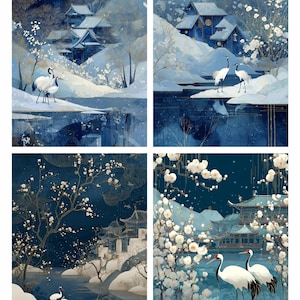 May include: Four-panel artwork featuring Japanese-style winter landscapes. Each panel depicts snow-covered buildings, cherry blossoms, and cranes. The color palette is dominated by shades of blue, white, and gold, creating a serene and elegant aesthetic.