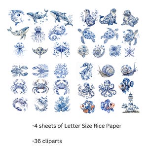 May include: A collection of 36 blue and white marine life cliparts, including whales, seals, turtles, and crabs. The designs are reminiscent of porcelain patterns. The image includes the text "-4 sheets of Letter Size Rice Paper".