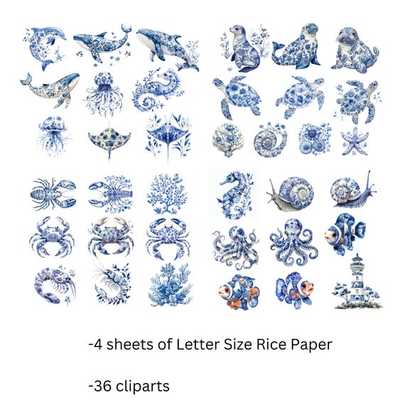 Decoupage 4 Sheets Blue Marine Life Lobster Crab Shrimp Whale Dolphin Seashell Sea Snail  Seal Bundle #773, Letter Size Rice Paper for craft