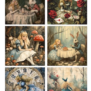 Decoupage Rice Paper with 6 square Alice in Wonderland Patterns #7, Rice Paper for Coaster, Trinket Box, Furniture & DIY Crafts Supply