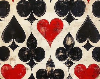 May include: A repeating pattern of playing card suits: hearts, clubs, spades, and diamonds. The hearts are red, while the other suits are black. The background is off-white with a distressed, vintage look.