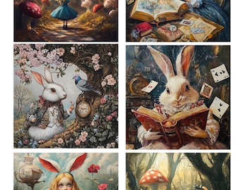 May include: A collection of six whimsical paintings depicting scenes from Alice in Wonderland. The paintings feature Alice, the White Rabbit, and other characters from the story. The paintings are done in a colorful and imaginative style.