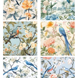 Papier de riz pour découpage avec 6 motifs d'oiseaux carrés n°1, papier de riz pour sous-verre, boîte à bijoux, bougie, meubles et articles de bricolage