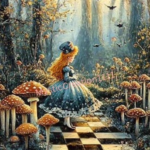 Papel para decoupage Alicia en el País de las Maravillas Bosque de Hongos Alicia n.° 226, papel de arroz tamaño carta para posavasos, cajas de baratijas, velas, álbumes de recortes de muebles