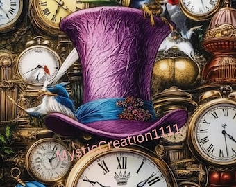 May include: A whimsical illustration featuring a purple top hat with a blue band, surrounded by antique pocket watches and clocks. A small bird perches on the hat. The image has a vintage, fantasy theme.