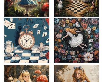May include: A collage of six illustrations inspired by Alice in Wonderland. The images depict scenes with Alice in a blue dress, mushrooms, a white rabbit, a checkered path, playing cards, and a large clock. The artwork has a whimsical and fantastical style.