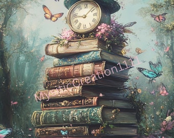 May include: An artistic depiction of a stack of books topped with a clock and a teal top hat. Butterflies flutter around the books and hat. The books are various colors, including pink, blue, and brown. The clock has Roman numerals.
