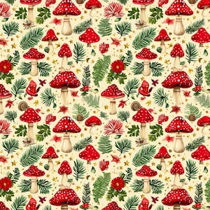 May include: A whimsical pattern featuring red mushrooms with white spots, interspersed with green ferns, red flowers, and small golden stars. The design is set against a cream-colored background, creating a vibrant and nature-inspired aesthetic.