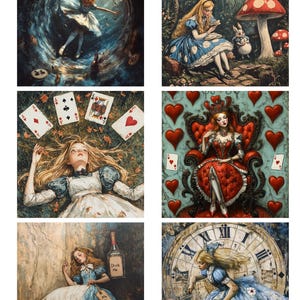 Decoupage Reispapier mit 6 quadratischen Alice im Wunderland Mustern #35, Reispapier für Untersetzer, Schmuckbox, Möbel- & Bastelbedarf