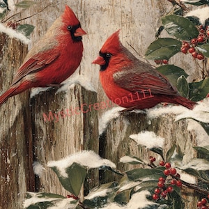 May include: Two vibrant red cardinal birds perched on a snow-covered wooden fence. The birds have black masks and crests, with a backdrop of green leaves and red berries. A winter scene with a touch of nature's beauty.