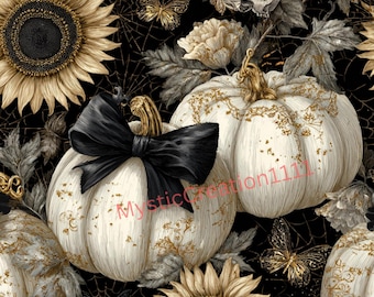 May include: A repeating pattern featuring white pumpkins with gold accents and black bows, sunflowers, butterflies, and a skull on a black background. The text "Mystic Creation111" is visible on the pumpkins.