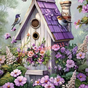 May include: A whimsical painting of a white birdhouse with a purple roof, surrounded by vibrant purple and pink flowers. Several birds perch on the birdhouse and nearby. The artwork evokes a sense of spring and nature.