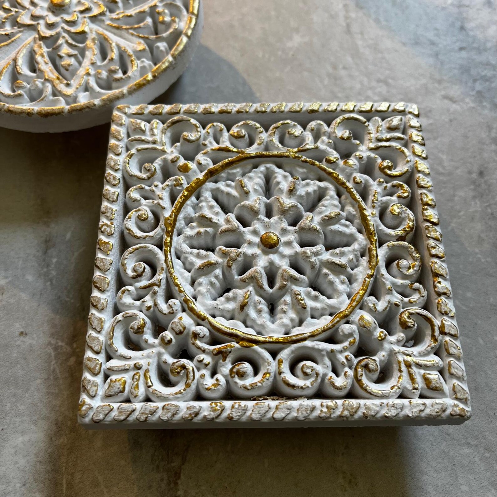 Mini Carved Wood Table Riser - Round Square Floral White Gold Riser ...