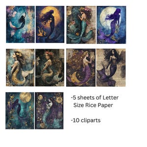 Lot de 10 sirènes de conte de fées fantastiques pour découpage #73, papier de riz pour dessous de verre, boîte à bijoux, meubles, journal de scrapbooking