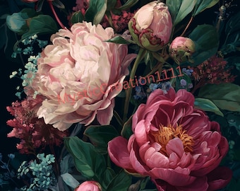 May include: A vibrant floral painting featuring lush peonies in shades of pink and red, with green leaves and delicate blue accents against a dark background. The artwork showcases a variety of blooms, from fully open flowers to budding forms.
