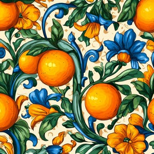 May include: A seamless pattern featuring oranges, blue flowers, and green leaves on a cream background. The oranges are a vibrant orange color, and the flowers are a mix of blue and orange. The leaves are a deep green, creating a colorful and detailed design.