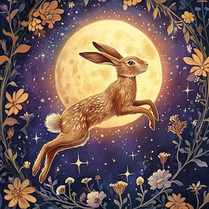 May include: A whimsical illustration of a brown hare leaping in front of a full moon. The background is a dark blue night sky filled with stars, surrounded by a floral wreath with yellow and white flowers. A magical, fairytale theme.