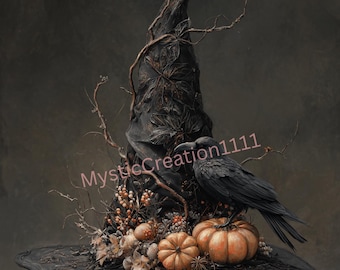 May include: A black witch's hat with a decorative brim, adorned with pumpkins, berries, and a black crow. The hat is embellished with leaves and branches, creating a spooky, autumnal theme. The text "MysticCreation1111" is visible on the image.