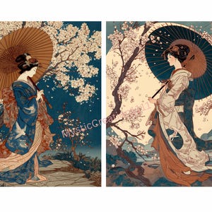 May include: Two art prints featuring geishas in traditional attire, holding parasols, and walking near flowering cherry blossom trees. The geishas are depicted in a serene, stylized manner, with a color palette of blues, browns, and creams.