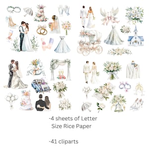 Hochzeitsdecoupage Reispapier #127 - 4 Seiten mit 41 Cliparts (Braut, Bräutigam, etc.) - Printable Scrapbook Ephemera für Einladungen, Karten