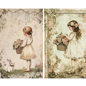 Papier de riz pour découpage avec 2 lapins de Pâques vintage petite fille #95, papier de riz pour dessous de verre, boîte à bijoux, bougie, meubles et fournitures pour travaux manuels