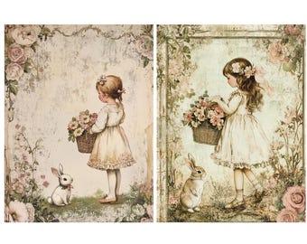 May include: Two vintage illustrations of girls in dresses holding baskets of flowers. Each girl is standing in a garden setting with a rabbit beside her. The illustrations have a faded, antique look.