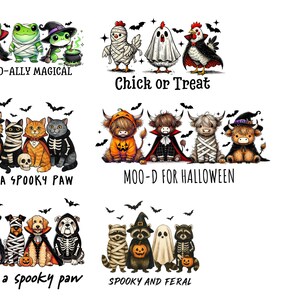 May include: A collection of Halloween-themed illustrations featuring various animals dressed in costumes. The designs include frogs, cats, dogs, cows, chickens, and raccoons. Text includes "TOAD-ALLY MAGICAL", "Chick or Treat", "JUST A SPOOKY PAW", "MOO-D FOR HALLOWEEN", and "SPOOKY AND FERAL".