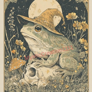 May include: An illustrated print featuring a frog wearing a witch hat, sitting atop a skull. The background includes a full moon, stars, and yellow flowers. The text "THE WITCH" is at the bottom.
