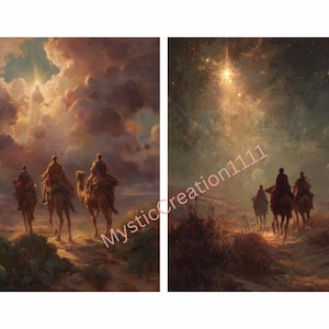 May include: Two digital art prints depicting a religious theme. One shows three figures on camels under a bright sky, the other shows three figures on camels under a starry sky. The prints have a warm color palette.