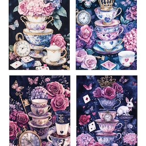 Papier de riz pour découpage Alice au pays des merveilles Tea Party n°328, papier de riz pour sous-verre, boîte à bijoux, bougie, meubles, plateau, carnet de bords de scrapbooking
