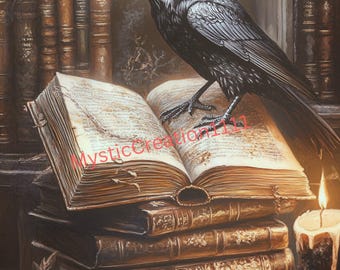 Decoupage Vintage Style Halloween Raven Crow on Books #446, Rice Paper for Coaster, Trinket Box, Furniture, Scrapbook Journal, Decor Art DIY