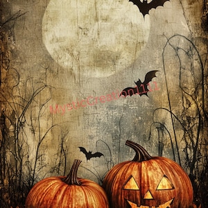 May include: A Halloween-themed digital art print featuring two orange pumpkins with carved faces, silhouetted bats, and a full moon in the background. The artwork has a vintage, textured appearance with dark, moody tones and autumn leaves.