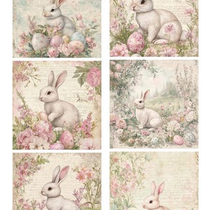 Papier de riz pour découpage avec 6 motifs carrés de lapin de Pâques victoriens #54, papier de riz pour sous-verre, boîte à bijoux, meubles et articles de bricolage