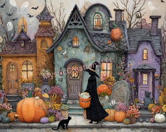 Decoupage Rice Paper Vintage Style Halloween Witch's House #651, Rice paper for Coaster, Trinket Box, Candle, Furniture, Scrapbook Journal