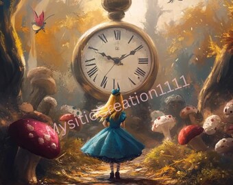May include: A large, golden pocket watch with Roman numerals sits in a whimsical forest setting. A young girl in a blue dress stands on a path, looking at the watch. The scene is surrounded by colorful mushrooms and butterflies.