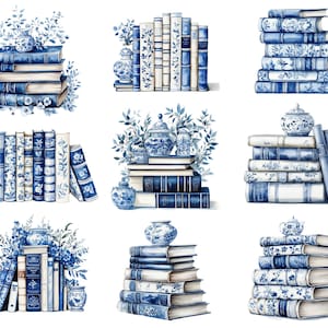 May include: Watercolor illustration of stacks of books and decorative porcelain pieces in shades of blue and white. The books have floral and patterned designs, with some featuring gold lettering. The arrangement includes floral accents, creating a classic, elegant aesthetic.