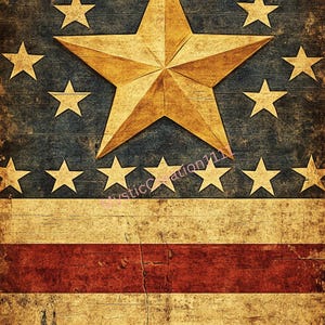 May include: A distressed American flag design featuring a large gold star in the center, surrounded by smaller gold stars on a blue background. The flag has red and white stripes, with a weathered, vintage aesthetic.